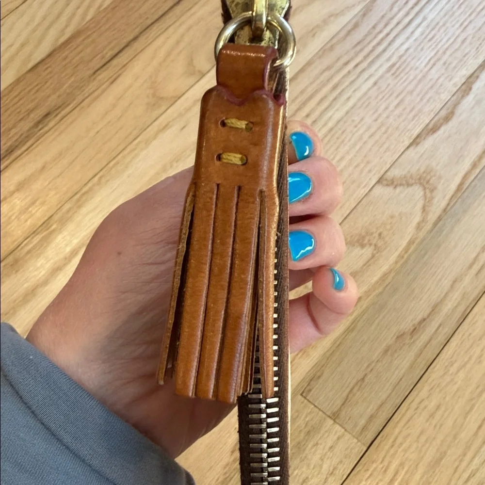 Dooney & Bourke Cream Leather Zip Pouch with Brown Trim